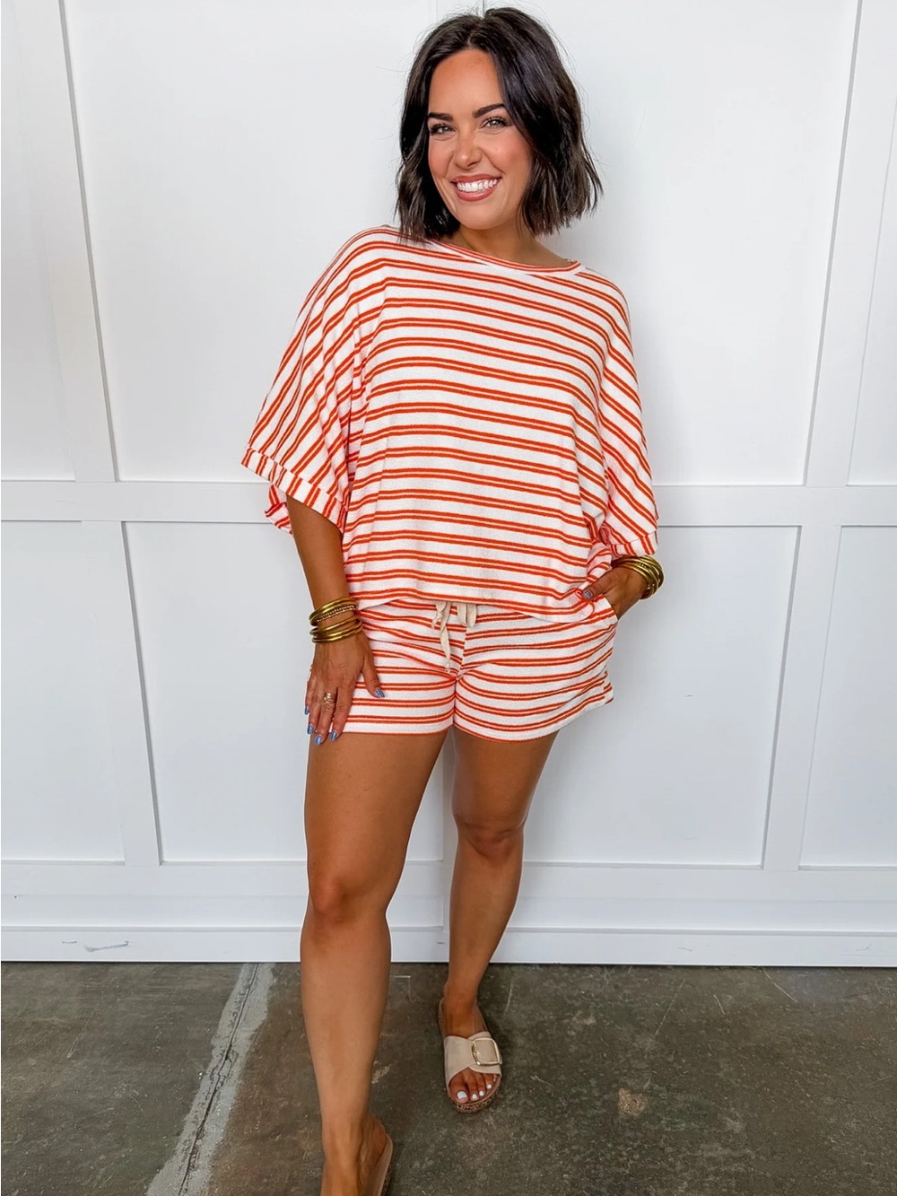 Striped Orange & Cream Short Set Top - Casual Women’s Tee